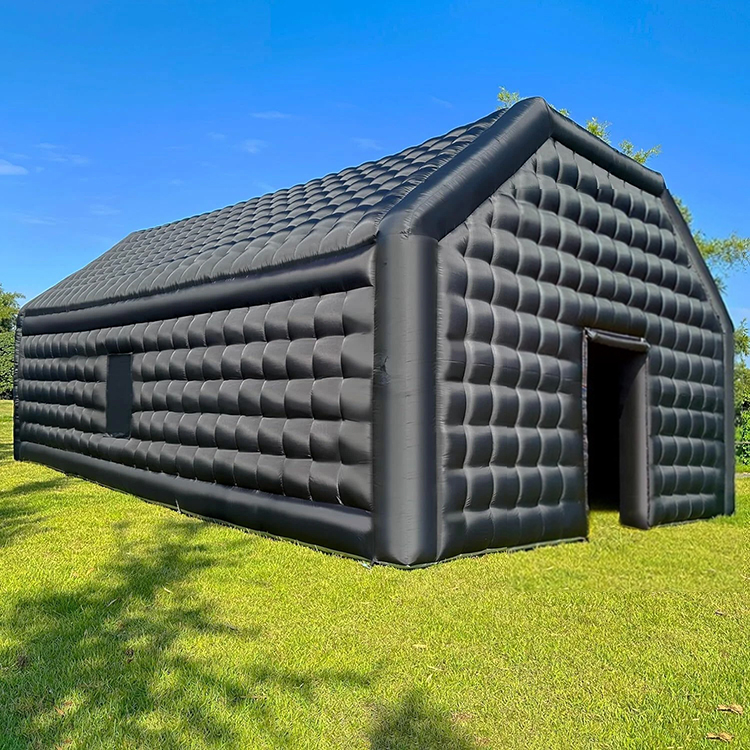 Inflatable outdoor shelter made from coated tarpaulin